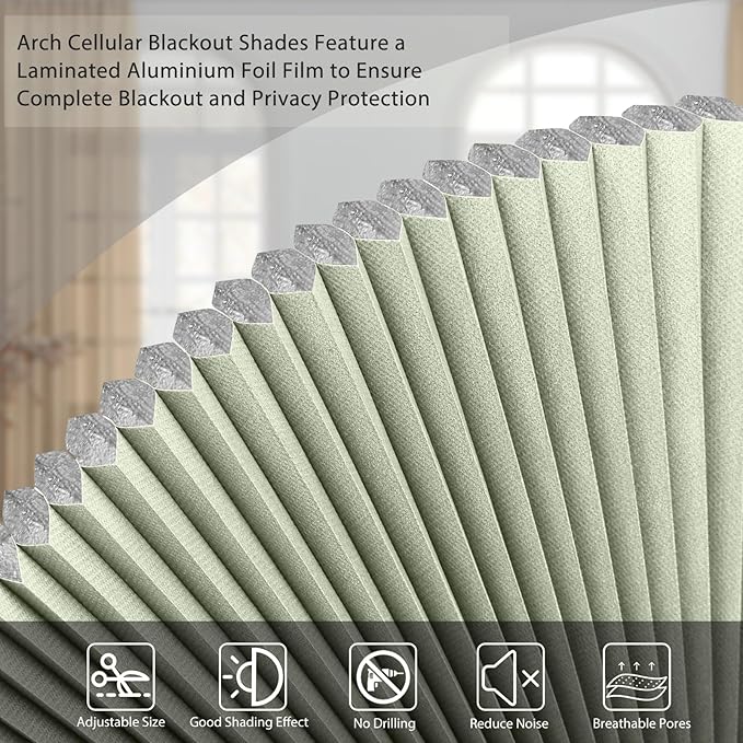 Arch Window Shade Blackout Cellular Shades Half Circle Moon Small Window Covering No Drill Honeycomb Blinds for Indoor Windows Room Darkening Easy Install Light Blocking Blinds (1, Beige, 24x12inch)