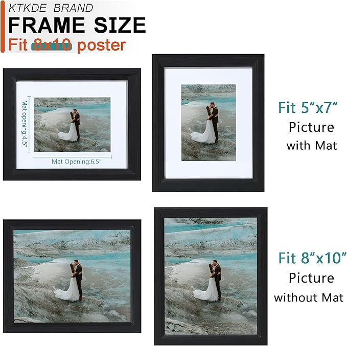 KTKDE 8x10 Picture Frame Real Glass, Display Pictures 5x7 with Mat or 8x10 Without Mat, Modern Style Wood Composite Frame,Black Gallery Wall Frame & Table Top Display，best gift