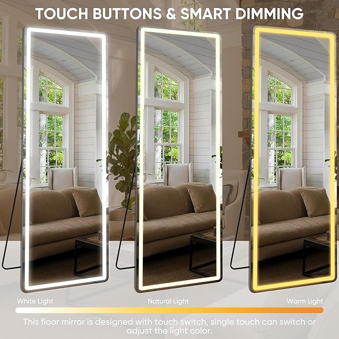 Antok LED Full Length Mirror with Light, 58"x18" Lighted Full Body Mirror with Stand, Dimmable & 3 Color Lighting Standing/Leaning/Wall Mounted Vanity Mirror for Bedroom Cloakroom Livingroom(Rect)