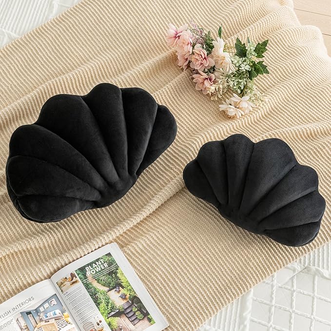 Shell Pillow, Shell Shaped Decorative Throw Pillows with Velet for Couch Bed, Cute Seashell Beachy Room Decor Aesthetic Throw Pillows for Bedroom Living Room(18x13 Inches, Black)
