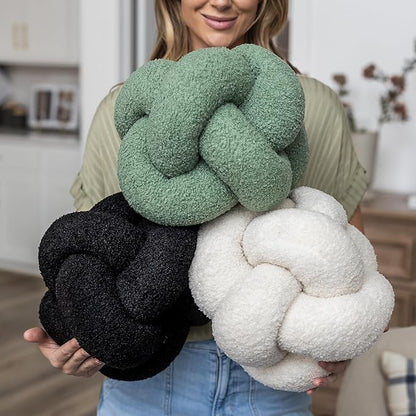 SAMIAH LUXE Sage Green Teddy Boucle Knot Pillow Ball 12", Permanently Stitched Knotted Decorative Throw Pillow, Natural Kapok Fill, Round Accent Pillow for Couch Sofa Bed, Boho Home Decor