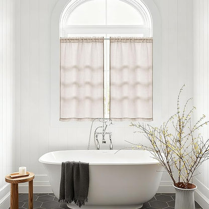 Linen Textured Bathroom Window Curtains 36 Inch Length Short Kitchen Curtain Semi Sheer Farmhouse Boho Curtains 2 Panels Tan Beige Light Coffee for Cafe Bedroom Rod Pocket Drapes W30xL36