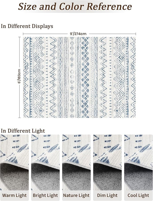 Miukiki 6x9 Area Rug for Living Room Moroccan Washable Rugs Non Slip Indoor Floor Carpet Foldable Large Soft Area Rug for Dining Room Bedroom with Low Pile(Blue,6'x9')