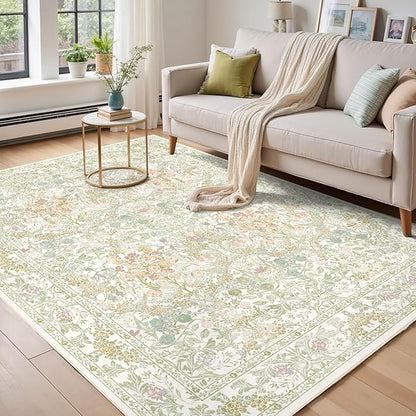 Washable Sage Green 5x8 Area Rug for Large Entryway, Living Room, Kids Room, Boy Nursery Room, Bedroom Rug - Vintage Oriental Low Pile Non Slip & Stain Resistance (5x8 Beige Green)