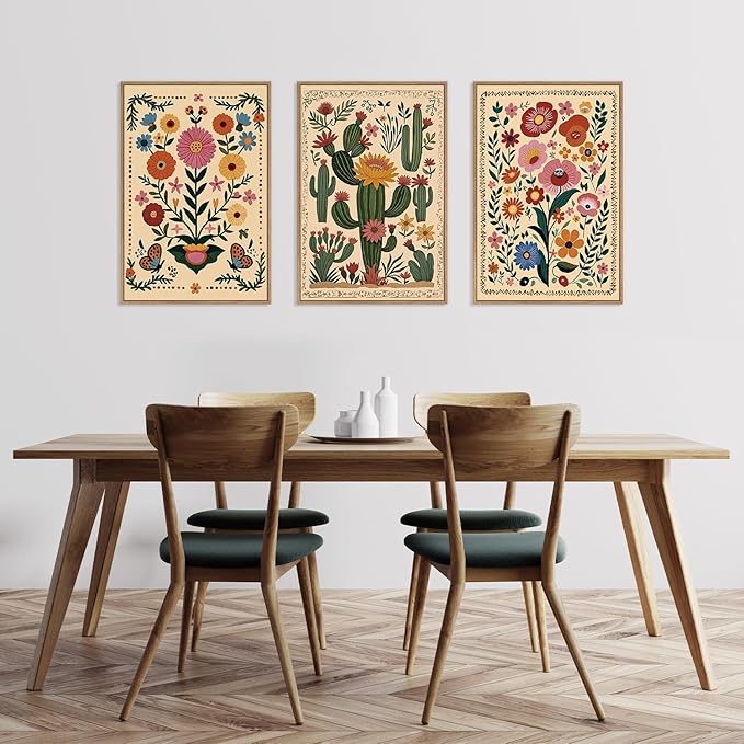 HLNIUC Boho Wildflower Wall Art Canvas,Mid Century Floral Wall Art,Butterfly Flower Artwork Watercolor,Cactus Framed Decor,William Morris Prints,Botanical Painting for Living Room Bedroom Home16x24x3
