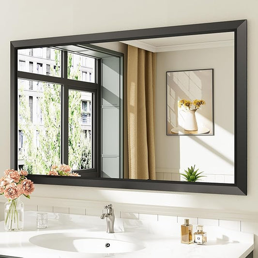 Briivue 50x30 Inch Black Bathroom Mirror for Wall, Thick Metal Framed Rectangle Mirrors for Over Sink, Bedroom, Living Room, Entryway, Anti-Rust, HD Tempered Glass