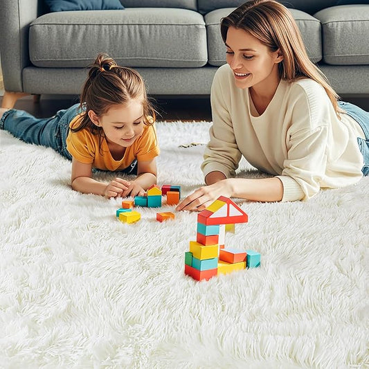 KCHOWUA Cream White Fluffy Area Rug for Girls Bedroom, 3'x5' Machine Washable Fuzzy Plush Carpet for Living Room, Soft Shaggy Throw Rug for Kids Dorm Room Nursery, Ivory