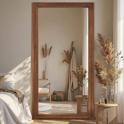 Full Length Mirror, 81"x41" Wooden Mirror Full Length with Stand Wood Floor Mirror, Oversized Stand Up Mirrors Large Wall Mirrors, Wall Mounted Mirrors, Rect Wood Style, Brown