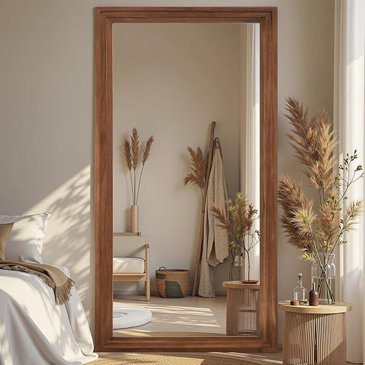 Full Length Mirror, 81"x41" Wooden Mirror Full Length with Stand Wood Floor Mirror, Oversized Stand Up Mirrors Large Wall Mirrors, Wall Mounted Mirrors, Rect Wood Style, Brown