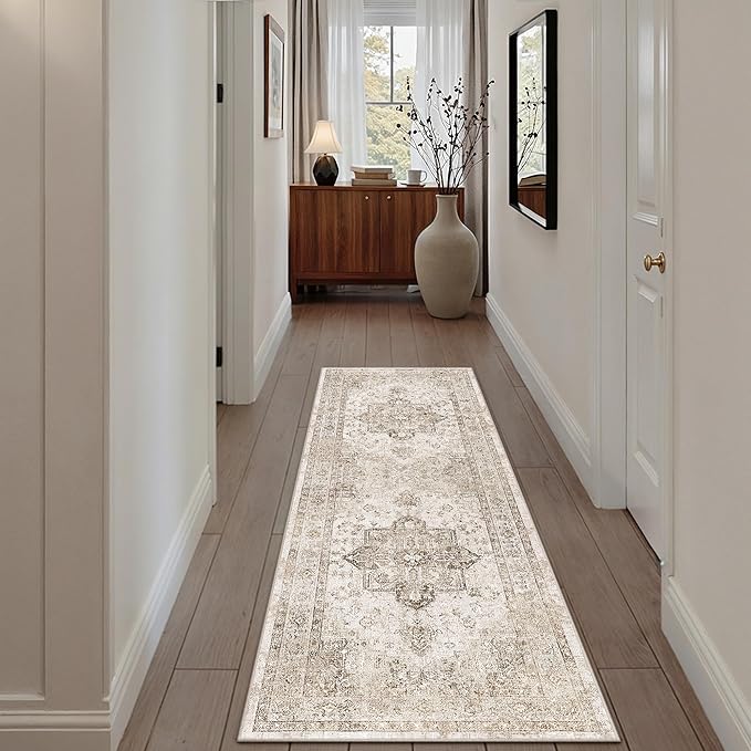 PureCozy Taupe Runner Rug 2x6 Hallway Kitchen Washable Vintage Carpet Non Slip Retro Distressed Low Pile Soft Oriental Medallion Thin Long Throw Rug for Entryway Bathroom Office Laundry Dining Room