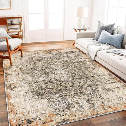 CHAMPLANT Area Rug 10'x14' Washable Vintage Traditional Mat Distressed Indoor Foldable Thin Retro Accent Floral Print Non Slip Carpet for Living Room Dining Room Office Large Rugs