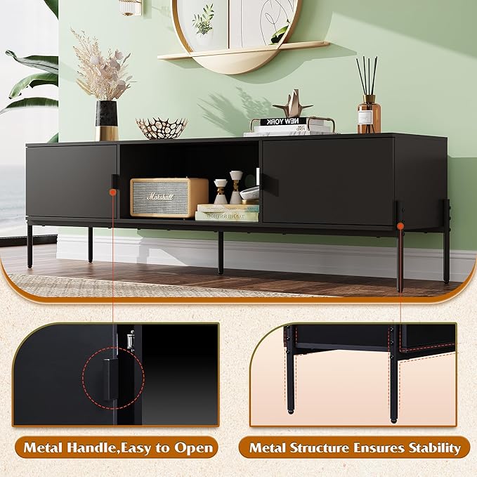 WLIVE TV Stand for 65 Inch TV, Mid Century Modern Entainment Center with 2 Storage Cabinets & Open Shelf, TV Console Table Media with Metal Legs for Living Room, Bedroom, Black