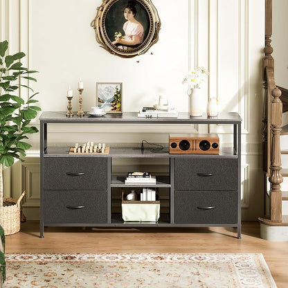 Huuger 47 Inch TV Stand Dresser with Power Outlets and LED Lights, 4 Drawers Entertainment Center with Open Shelf, Media Console for 55 50 Inch TV, Dresser with PU Finish, Grey and Black