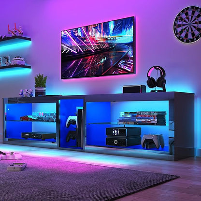 Vinctik 6&Fox 80in High Gloss LED TV Stands w/Power Outlet,60,000-Colors Lighting for 80 85 90inch TV,Modern Black LED Entertainment Center w/Adjustable Glass Shelves for Living Room