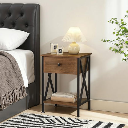 VECELO Night Stand Set of 2, End Tables with Drawer, 2-Tier Bedside Tables with X Shaped, Side Table Stand with Storage Shelf for Living Room/Bedroom,Walnut Brown
