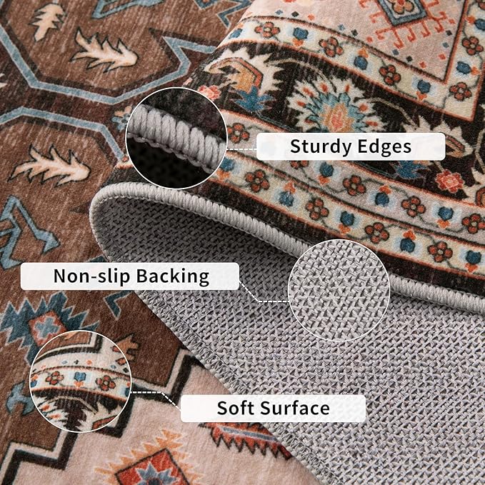 Tangsoo Vintage 8x10 Rug for Living Room,Washable Indoor Area Rug Brown Beige Non-Slip Rubber Backing Soft Low Pile Carpet