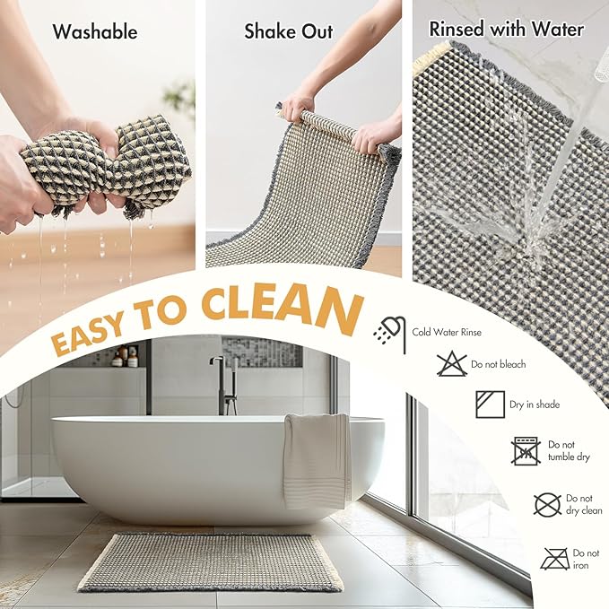 MIULEE Set of 2 Waffle Bathroom Rugs, Boho Bath Rugs Non Slip Washable, Super Absorbent Bath Mats, Ultra Soft Rubber Backed Shower Mats for Bathroom Floor, Tub, Shower, Dark Grey & Yellow, 24x36 Inch