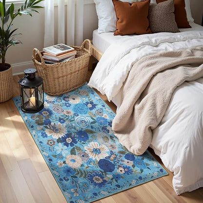 2x5 Entryway Runner Rugs, Non Slip Washable Rugs with Rubber Backing Soft Floral Carpet Runner for Kitchen, Laundry, Bedroom, Bathroom, Blue Garden