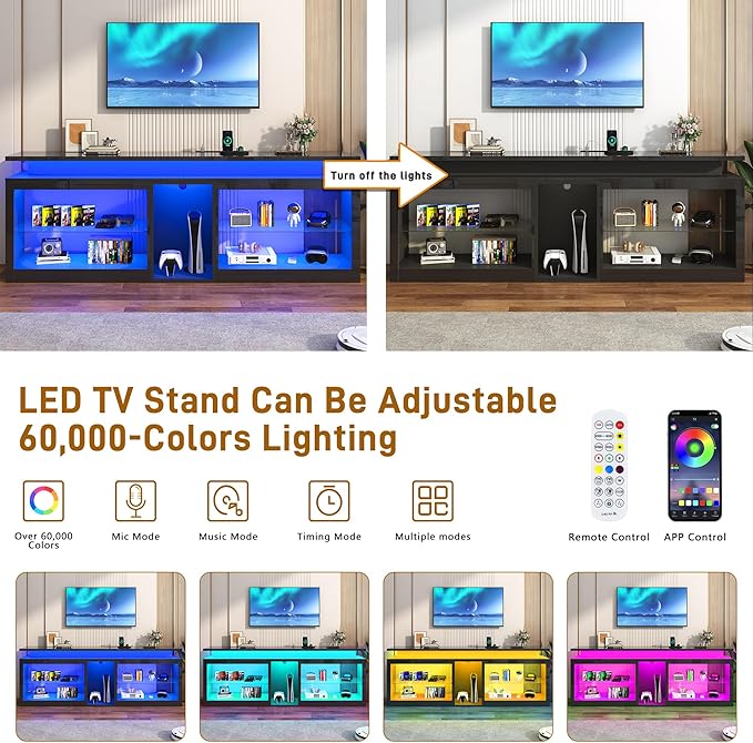 80" LED TV Stand with Power Outlet,60-Colors LED Lights For 80 85 90in TV,High Gloss Gaming Entertainment Center w/Adjustable Shelves,Black TV Console with Modern Design for Living Room Bedroom