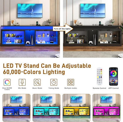 80" LED TV Stand with Power Outlet,60-Colors LED Lights For 80 85 90in TV,High Gloss Gaming Entertainment Center w/Adjustable Shelves,Black TV Console with Modern Design for Living Room Bedroom
