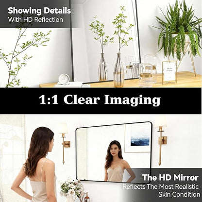 SCWF-GZ 24x36 Mirror Vanity Bathroom Wall Mounted Aluminum Alloy Metal Frame Dressing Round Rectangle Mirrors for Entryway Bedroom Living Room Horizontally or Vertically 36x24 inch Black