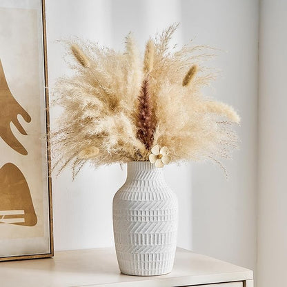 Boho White Ceramic Vase, 8.7" Matte Textured Flower Vase for Home Decor, Minimalist Table Centerpiece for Living Room, Office, Bedroom (Matte White Vase)