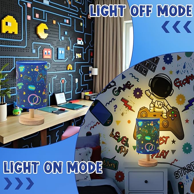 Kids Gaming Lamp for Boys Bedside Lamp with Linen Wooden Nightstand Cartoon Nursery Video Game Lampshade for Kids Gamer Decor