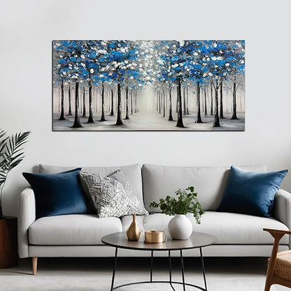 Trogonup Large Forest Wall Art for Living Room Blue and White Trees Landscape Painting Modern Textured Oil Painting for Bedroom Office Home Decor 24x48 Inch