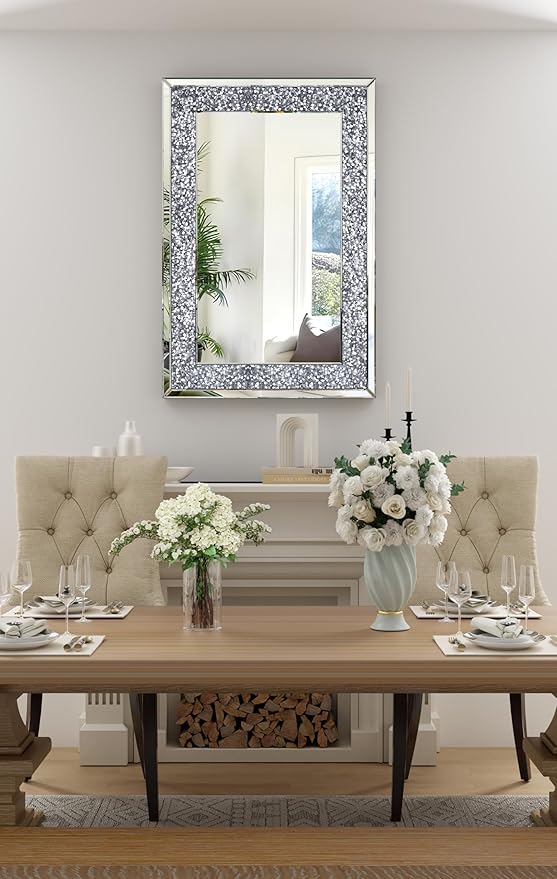 Crystal Crush Diamond Mirror-24x36 Silver Mirror, Gorgeous Wall Mirror, Rectangle Mirrors for Wall Bathroom, Bedroom, Dining Room and Living Room