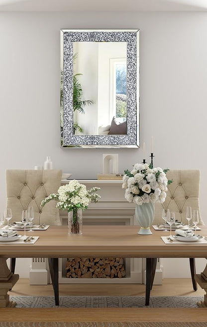 Crystal Crush Diamond Mirror-24x36 Silver Mirror, Gorgeous Wall Mirror, Rectangle Mirrors for Wall Bathroom, Bedroom, Dining Room and Living Room