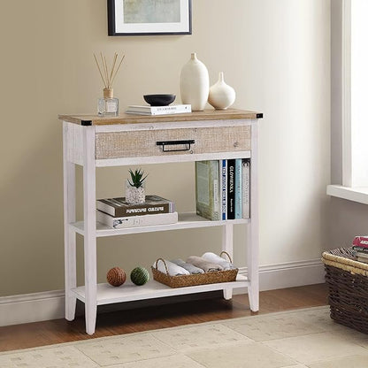 RUSTOWN Farmhouse Console Table with Drawer, 3-Tier Rustic Entryway Table with Open Storage Shelves and Handmade Metal Handle, Narrow Foyer Sofa Table for Living Room, Entryway, Hallway (Washed White)