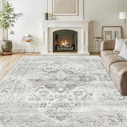 Washable 5x7 Area Rug - Soft Ultra Thin Living Room Rugs Stain Resistant Non Slip Area Rugs for Bedroom Vintage Home Decor Indoor Floor Mat (Ivory/Gray,5'x7')