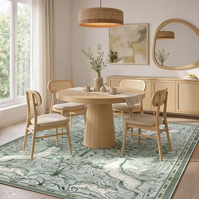Lahome 6x9 Washable Deer Rug, Dorval Boho Botanical Cottage Area Rug, Non Slip Low Pile Soft Light Green Carpet for Living Room Dining Room Bedroom Kitchen Nursery Decor