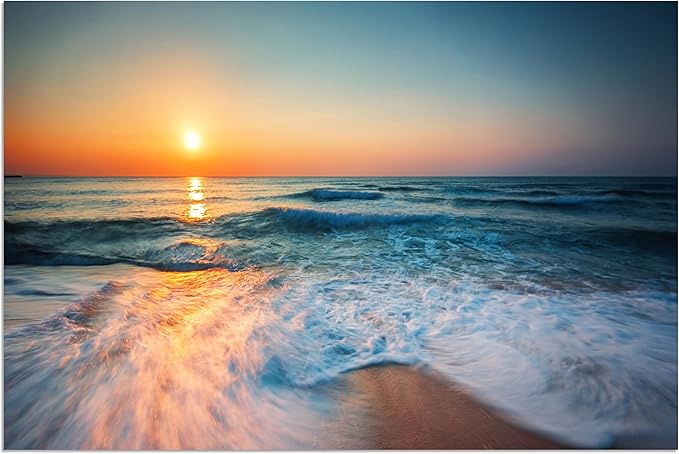 TutuBeer 1 Panel Beach Pictures Wall Art Blue Sea White Beach at Sunrise Pictures Print on Canvas Sea Wall Decor Seascape Paintings for Home Decor Stretched and Framed Easy to Hang 16x24 inch