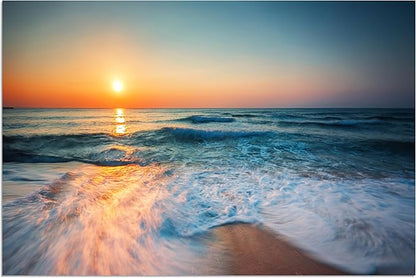 TutuBeer 1 Panel Beach Pictures Wall Art Blue Sea White Beach at Sunrise Pictures Print on Canvas Sea Wall Decor Seascape Paintings for Home Decor Stretched and Framed Easy to Hang 20x30 inch