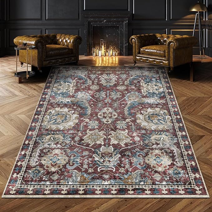 RUGSURE Washable Area Rugs - Perfect for Living Room, Bedroom, Kids Room, Nursery - Stain & Water Resistant Non-Slip, Pet & Child Friendly, Vintage Tribal Area Rugs (Burgundy and Blue, 3' x 5 ')