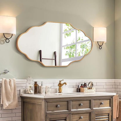 Scalloped Mirror for Bathroom - 24"x36" Gold Bathroom Mirror with Aviation Aluminum Alloy Frame & Shatter-Proof Glass for Living Room Bedroom Entryway, Brushed Gold Frame(x1)