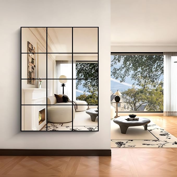 YIROMAN Window Pane Mirror, 36x48 Inch Black Rectangular Decorative Wall Mirror, Large Window Metal Framed Mirrors for Bedroom Living Room Fireplace Entryway, Hanging or Leaning Against Wall