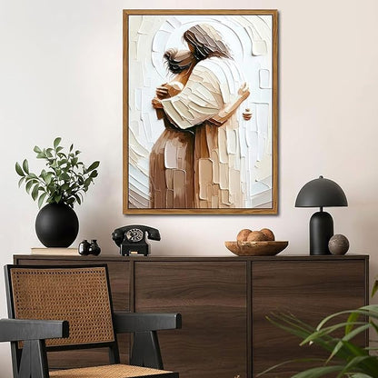 AKWISH Floating Frame Jesus Embracing Woman Canvas Wall Art, Safe in His Arms Pictures Canvas Print Posters Wall Decor, Christian Wall Art Home Decor for Living & Prayer Room 24x36 inch
