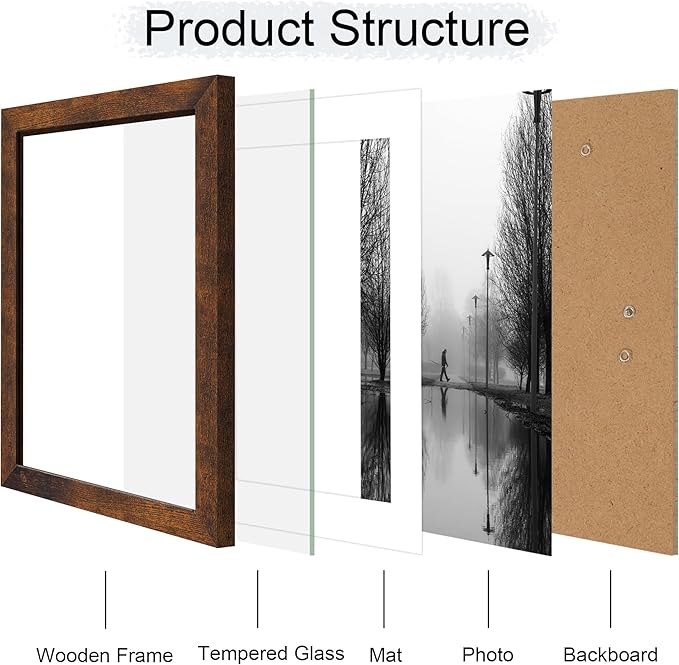 iRahmen 10x14 Picture Frame with Mat 8x12 - High Definition Tempered Glass Wooden Photo Frames for Wall Mounting (Dark Brown, Set of 2)