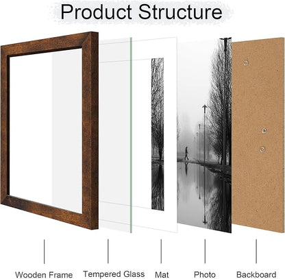iRahmen 10x14 Picture Frame with Mat 8x12 - High Definition Tempered Glass Wooden Photo Frames for Wall Mounting (Dark Brown, Set of 2)