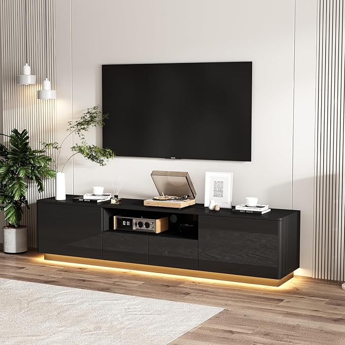 70” LED TV Stand, High Gloss TV Stand with Lights, Modern Glossy Media Console with 4 Drawers & Shelf, Entertainment Center for Living Room Black, 14.5”D x 70.8”W x 17.3”H