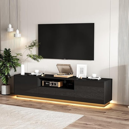 70” LED TV Stand, High Gloss TV Stand with Lights, Modern Glossy Media Console with 4 Drawers & Shelf, Entertainment Center for Living Room Black, 14.5”D x 70.8”W x 17.3”H