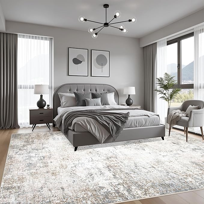 8x8 Area Rug Living Room Rug: Washable Modern Abstract Soft Thin Rug Indoor Floor No Slip Stain Resistant Carpet for Bedroom Dining Room Farmhouse Nursery Home Office - Brown Grey