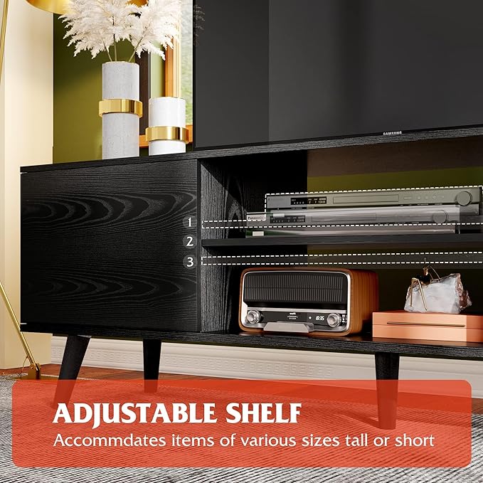 WLIVE Mid-Century Modern TV Stand for 55/60 Inch TV, Entertainment Center with Storage & Adjustable Shelves, Media Console with Soft-Close Cabinets for Living Room/Bedroom, Black