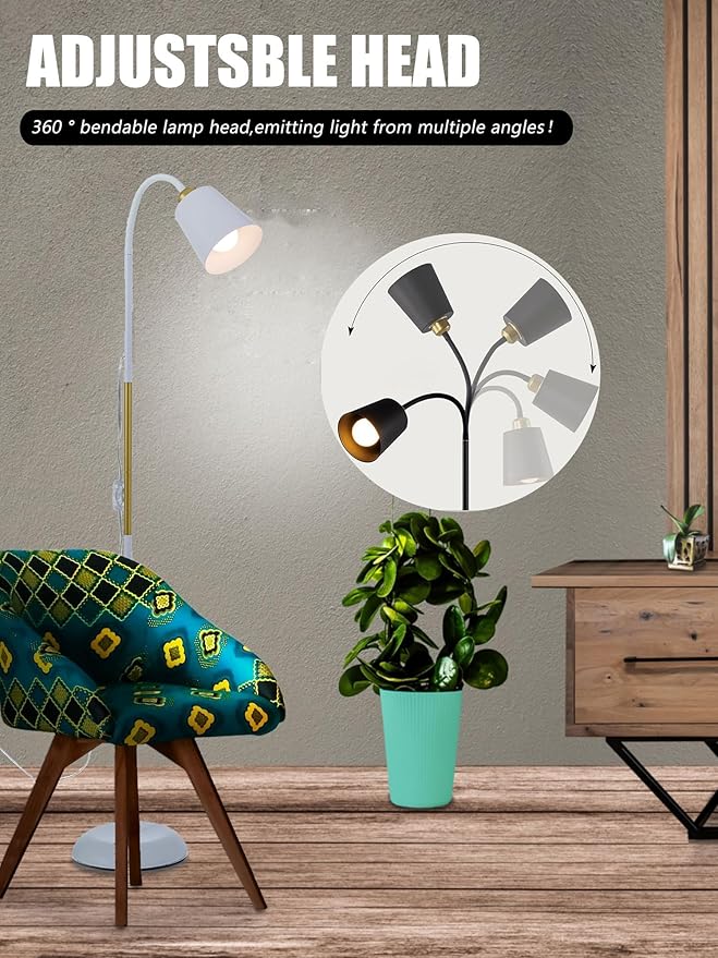 Floor Reading Lamp, Industrial Metal Floor Lamps for Living Room with Adjustable Bendable 2 in 1 Reading Table Lamps for Living Room Bedroom Office, 12W Bulb Included (White)