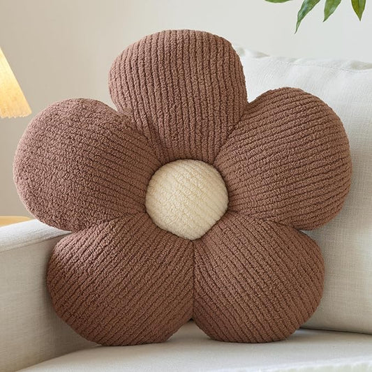 Flower Pillow, Decorative Throw Pillow for Couch, Cute Decor Pillows for Bed, Aesthetic Flower Shaped Pillow Fun Cushion (Brown, 14.9 Inches)