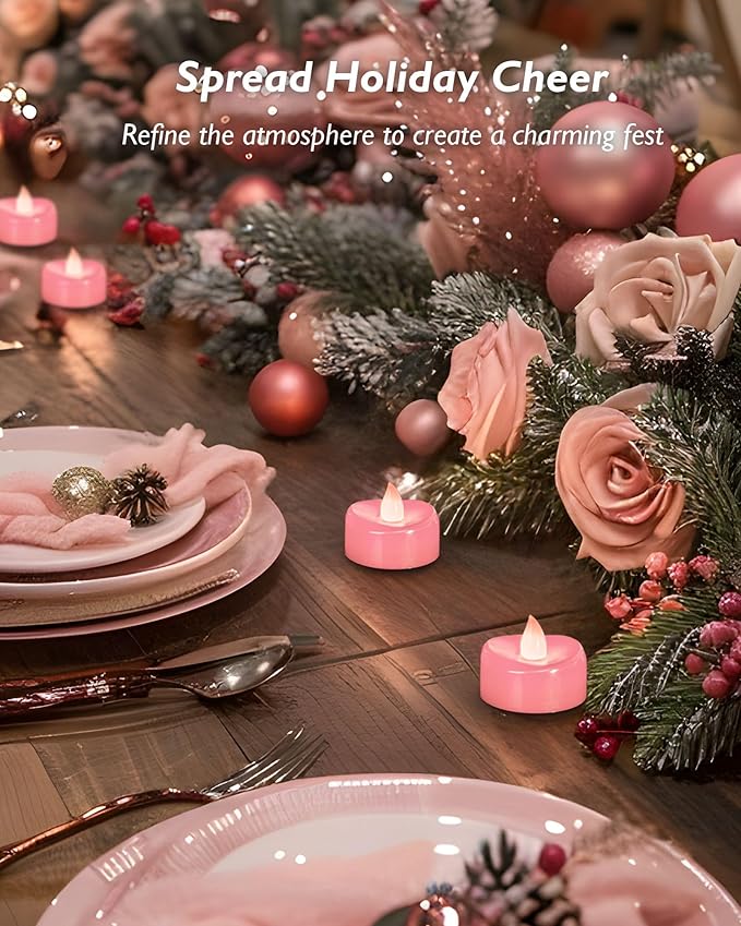 merrynights Flameless Candles, 12 Pack Tea Lights Candle Battery Operated, LED Tealight Votives, Realistic Tea Lights for Wedding Christmas Party Home Decor -D 1.5” x H 1.25” -Pink Light