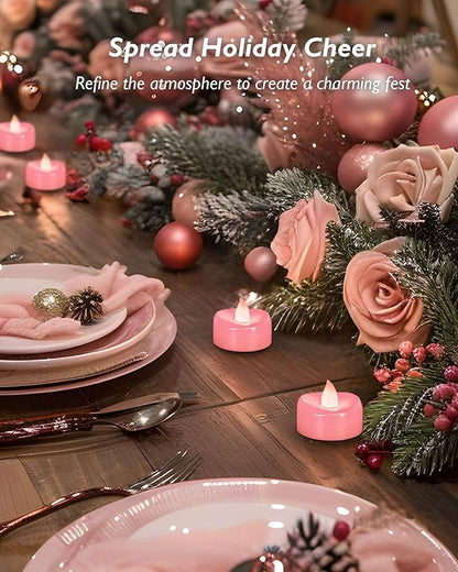 merrynights Flameless Candles, 12 Pack Tea Lights Candle Battery Operated, LED Tealight Votives, Realistic Tea Lights for Wedding Christmas Party Home Decor -D 1.5” x H 1.25” -Pink Light