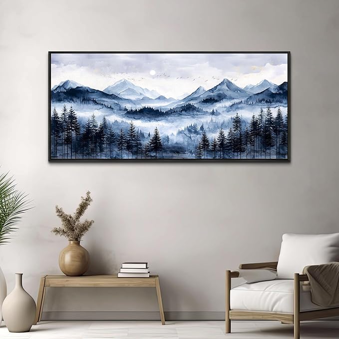 ERQINHUA Canvas Wall Art For Bedroom Large Wall Decor For Living Room Office Mural Misty and Fog Forest Painting Mountain Landscape Picture Artworks Home Decor Black Framed Ready To Hang 32x72 In
